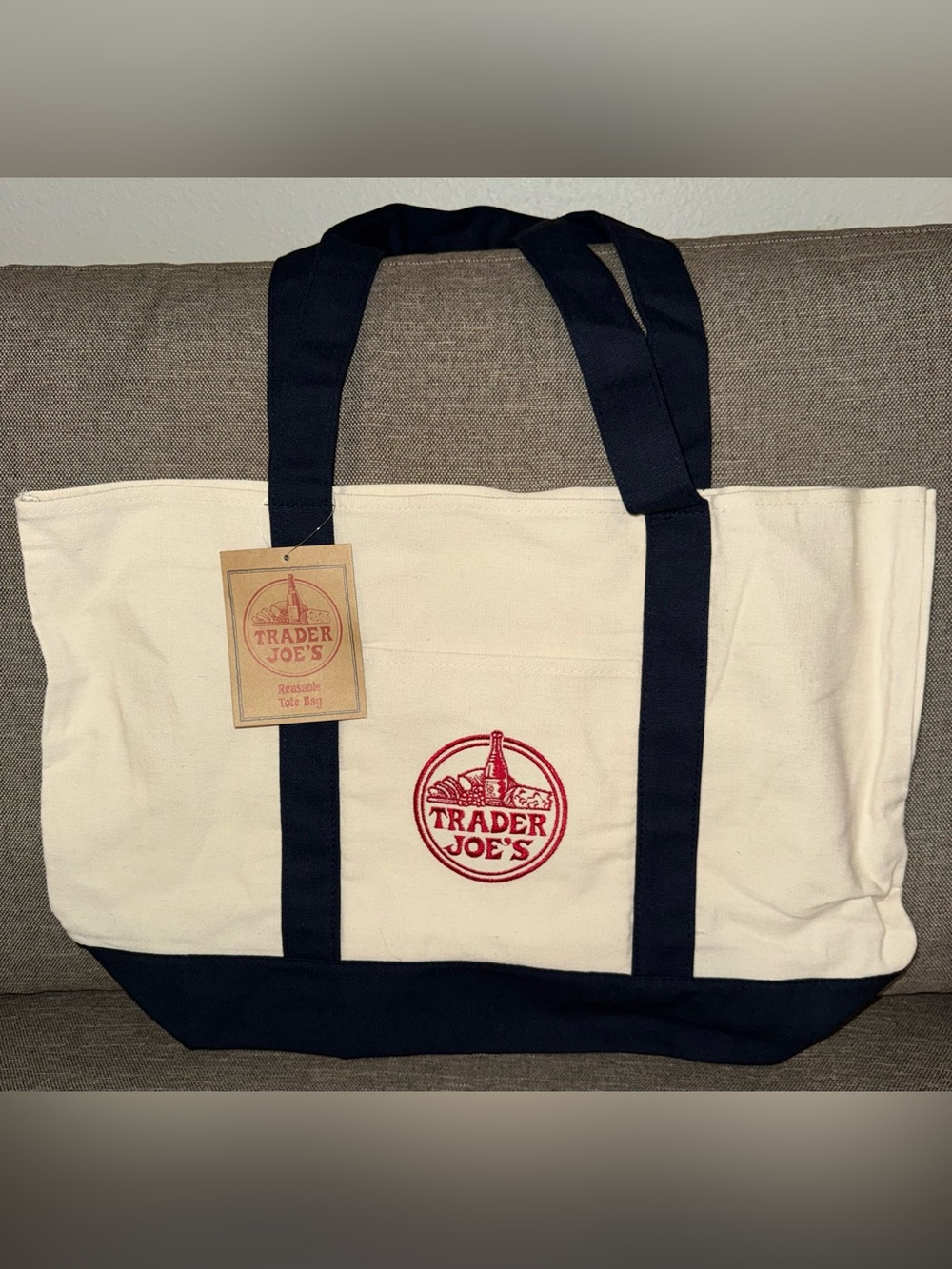 Trader Joe's Canvas Tote Bag in Cream and Blue